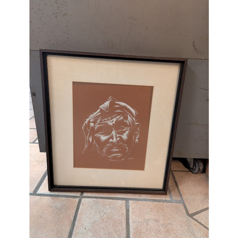 M. Toddy Scratchboard Depiction of  Elderly Navajo Man With Traditional Headwear