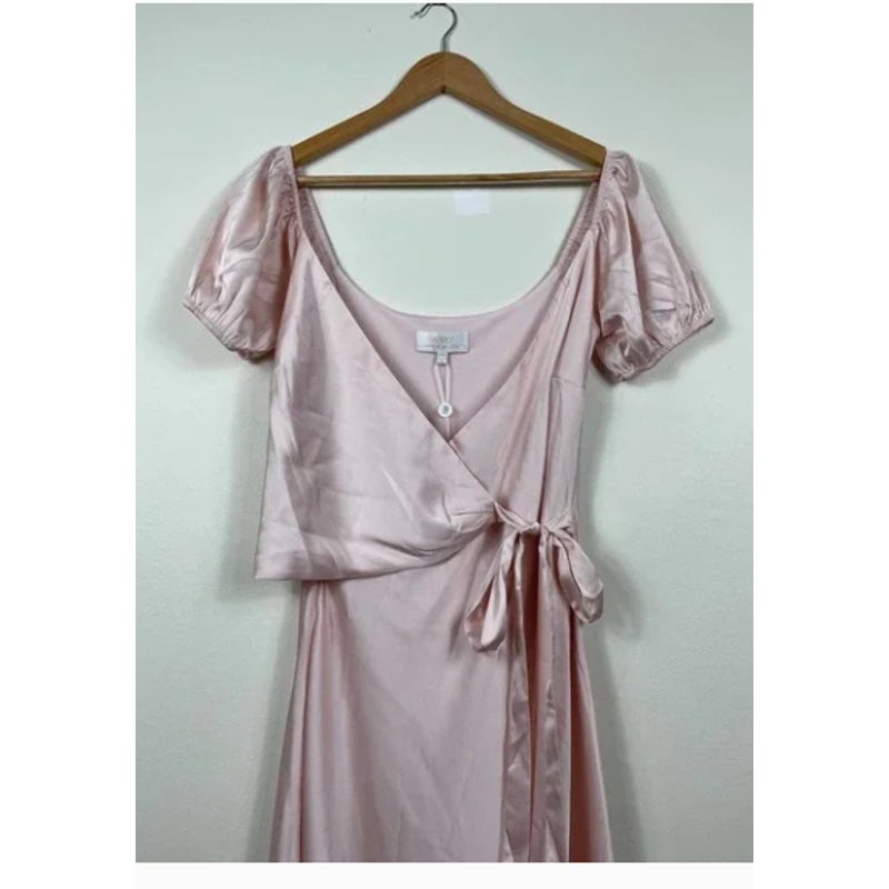 WAYF The Bea Faux Wrap V-Neck Dress New Satin Maxi Formal Wedding PINK Size 8