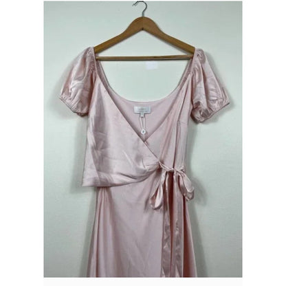 WAYF The Bea Faux Wrap V-Neck Dress New Satin Maxi Formal Wedding PINK Size 8