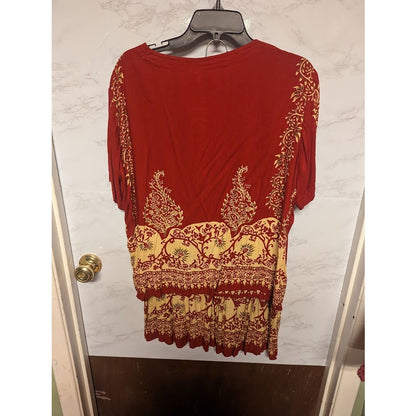 NEW LA CERA Women's Petite Large 2-Piece Printed Blouse Skirt Set Burgundy BOHO