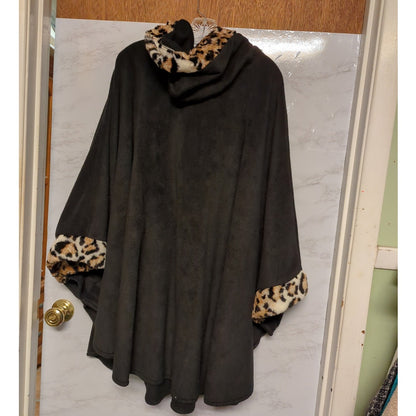 Black Mountain Fleece Hooded Poncho Black with Cheetah Trim One Size Fits Plus