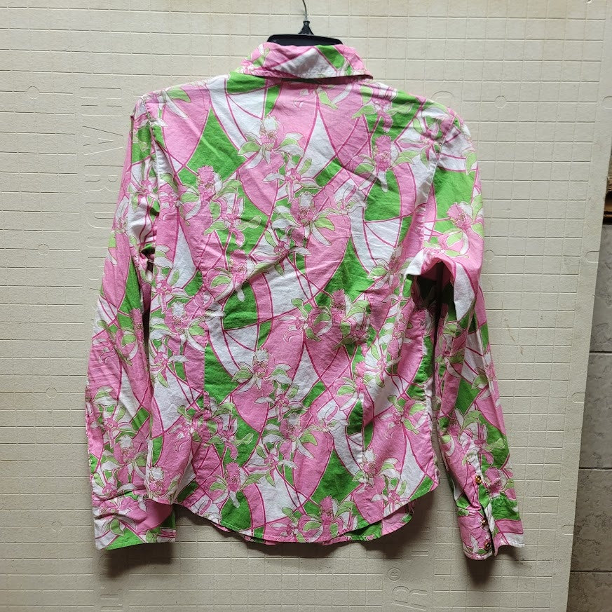 Lilly Pulitzer Size 10 Womens 100% Cotton gold Button Up blouse top Pink Green