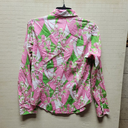 Lilly Pulitzer Size 10 Womens 100% Cotton gold Button Up blouse top Pink Green