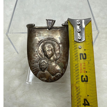 Vintage 915 Silver Madonna & Child Pendant Shield Medal Religious Spain Heirloom