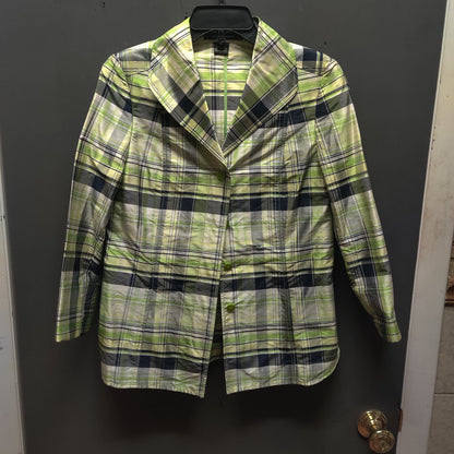 Ellen Tracy Green Plaid Silk Blazer Structured Tartan Preppy Jacket Size 4