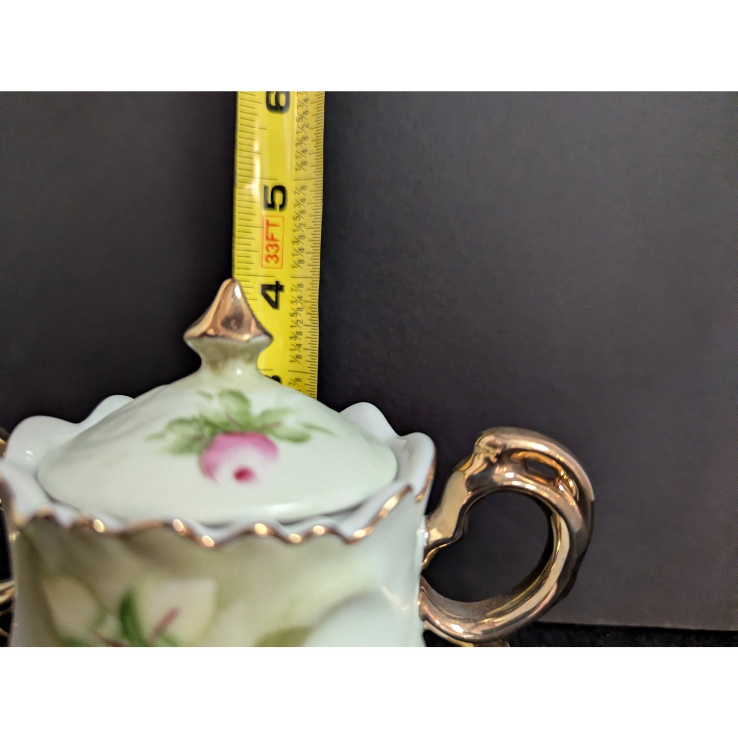 Vintage Lefton Green Rose Lidded Sugar Bowl Porcelain Gold Gilt 3066