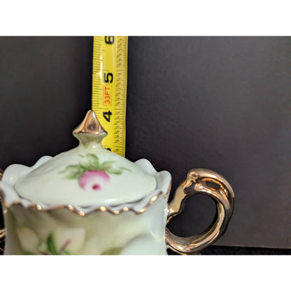 Vintage Lefton Green Rose Lidded Sugar Bowl Porcelain Gold Gilt 3066
