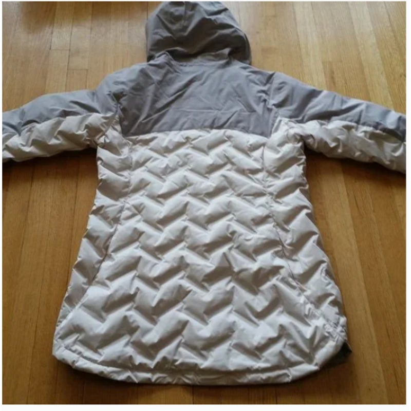 Columbia Down Mountain Croo Long Down Hood Jacket NEW $250.00 Size XS Chalk Gray
