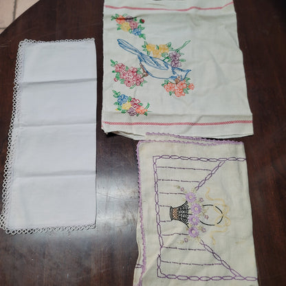 Vintage lot of 3 Linens, Table Runner, Embroidery Dishcloth tea towel Multi Size