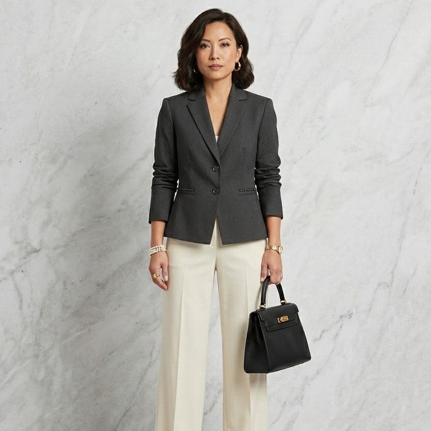 Tahari Arthur S. Levine Petite Charcoal Gray Pinstripe Peplum Blazer 6P Classic