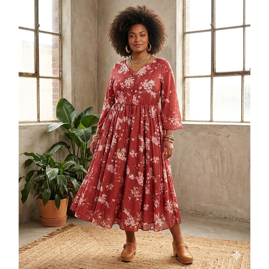 Handmade Bessie Hampton Red Floral Crossover Midi Dress 1X Cottagecore Plus