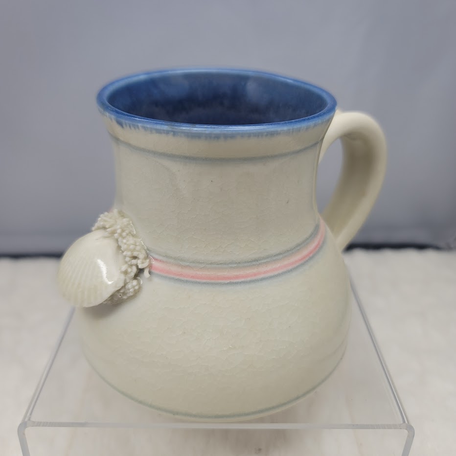 Wakulla Clay '86 Coffee Tea Mug Seashell Cream Blue Pink Ivory 4" tall