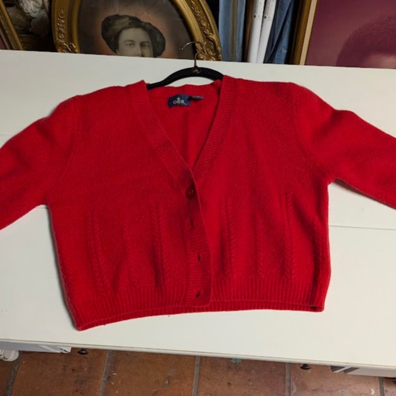 OBR Medium Lambs Wool Angora Blend Red Cropped long sleeve red button up sweater