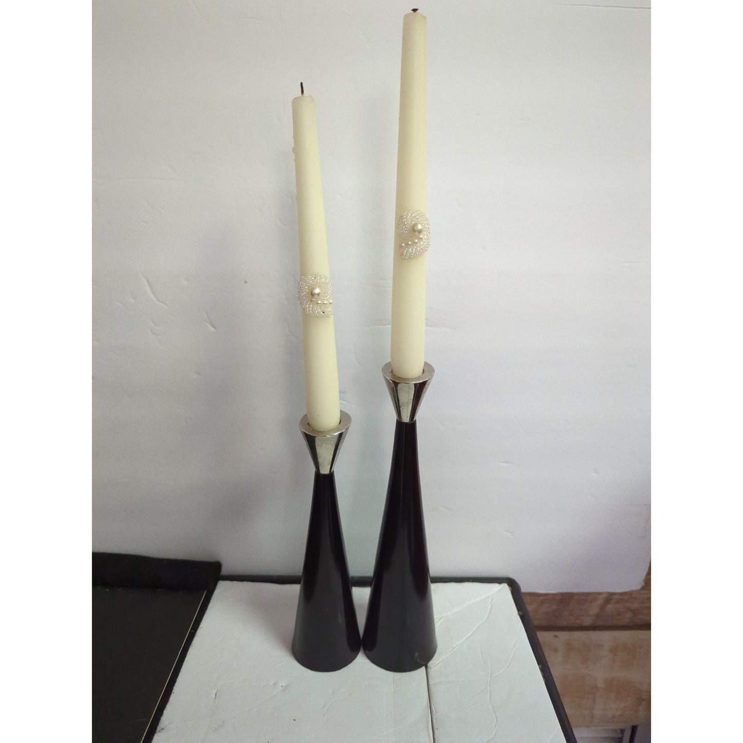 Pair metal black metal MCM candle holders brutalist style heavy staggered