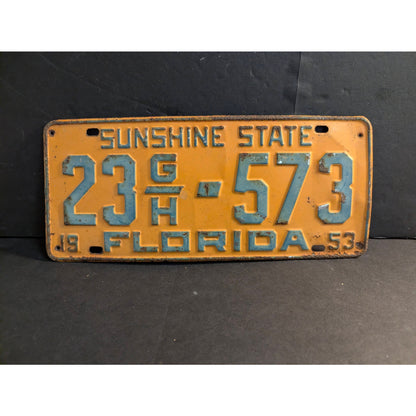 Vintage 1953 Florida License Plate Sunshine State Orange Teal Metal Tag