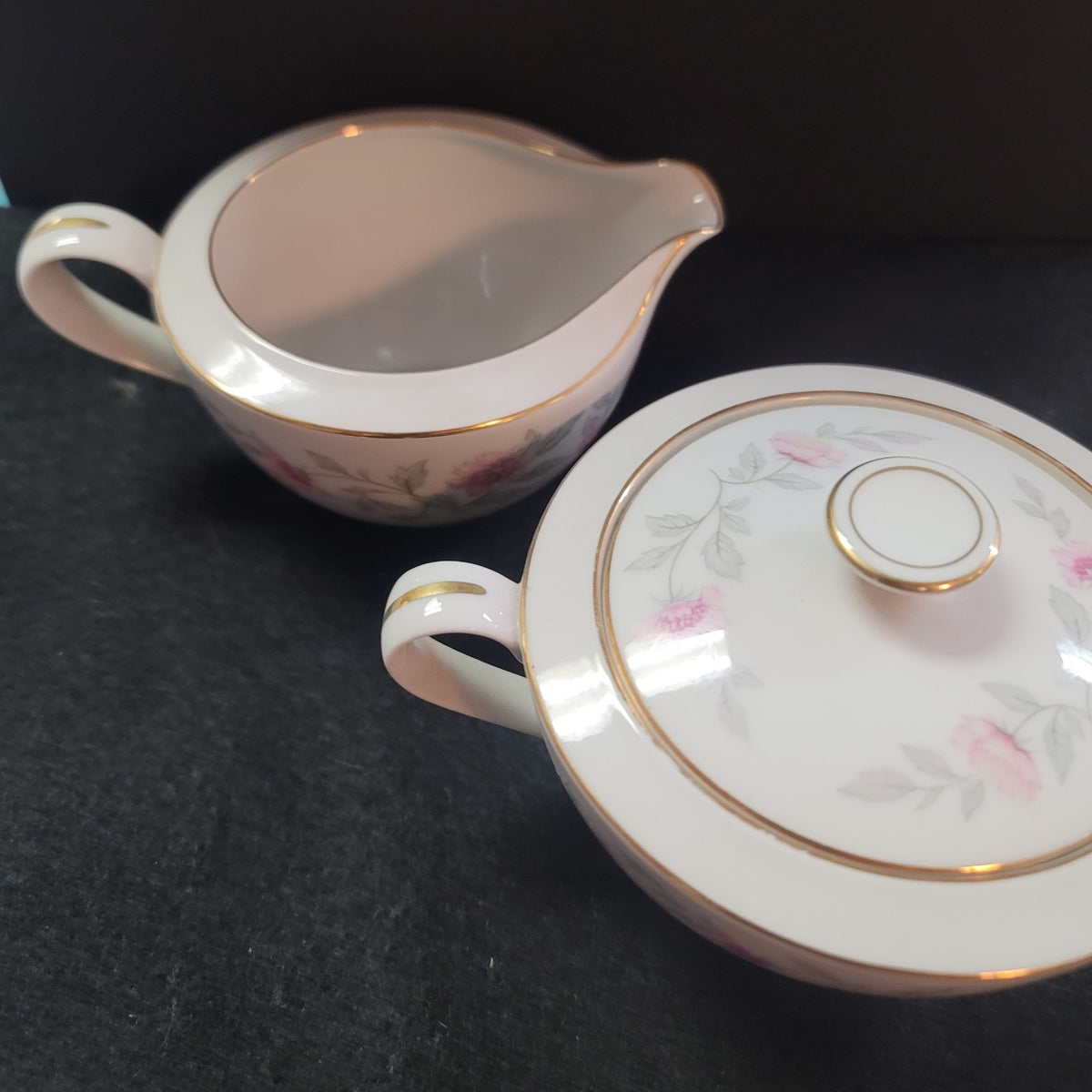 Creamer and Sugar Bowl with Lid Briar Rose by Valmont Pink Flower Gray Stems