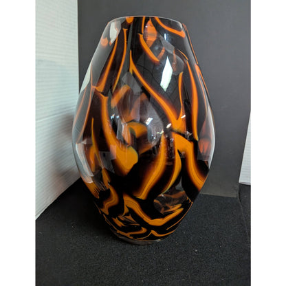 Vintage Tortoiseshell Art Glass Statement Vase LARGE Amber and Orange Swirls
