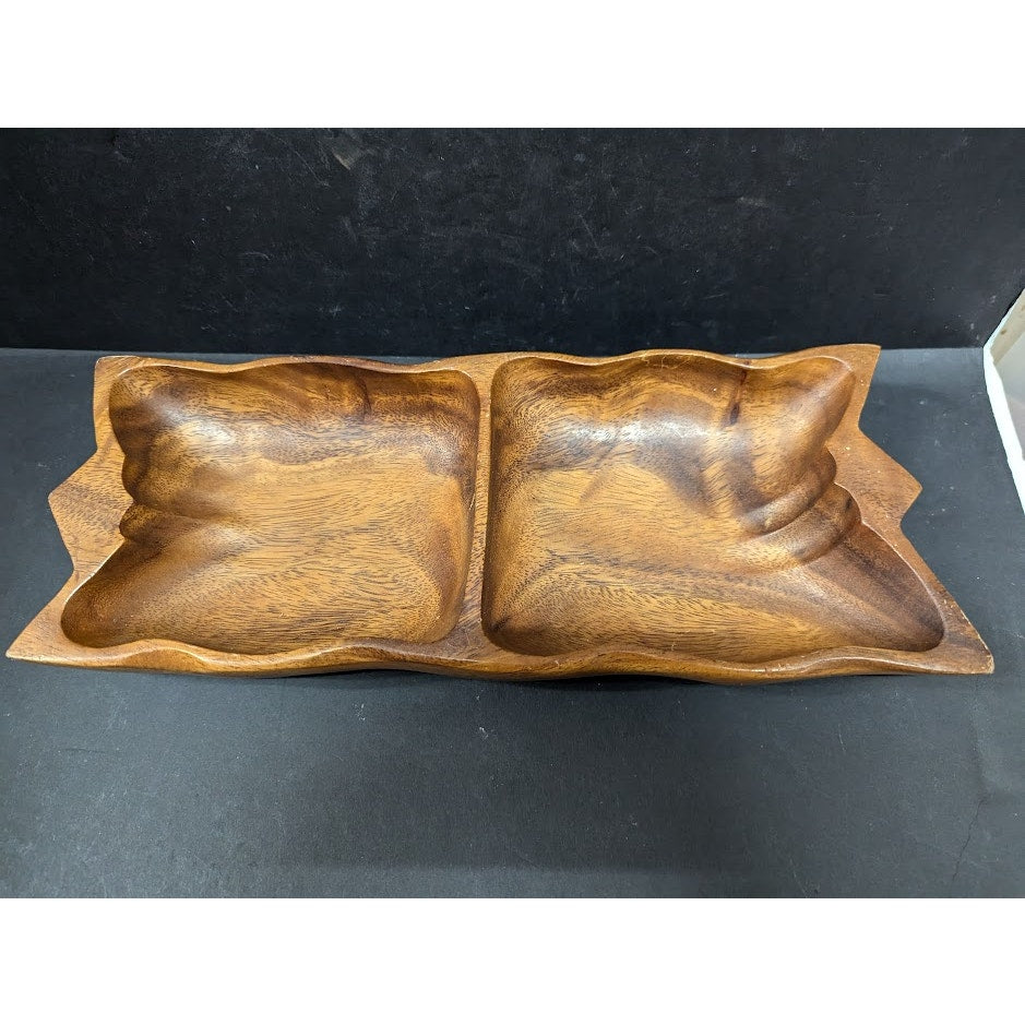 Vintage divided nut tray serving bowl Monkey Pod wood 13.5"