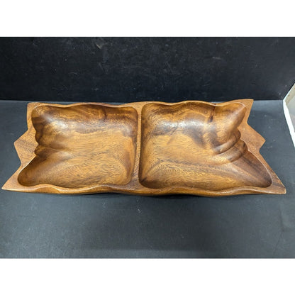 Vintage divided nut tray serving bowl Monkey Pod wood 13.5"