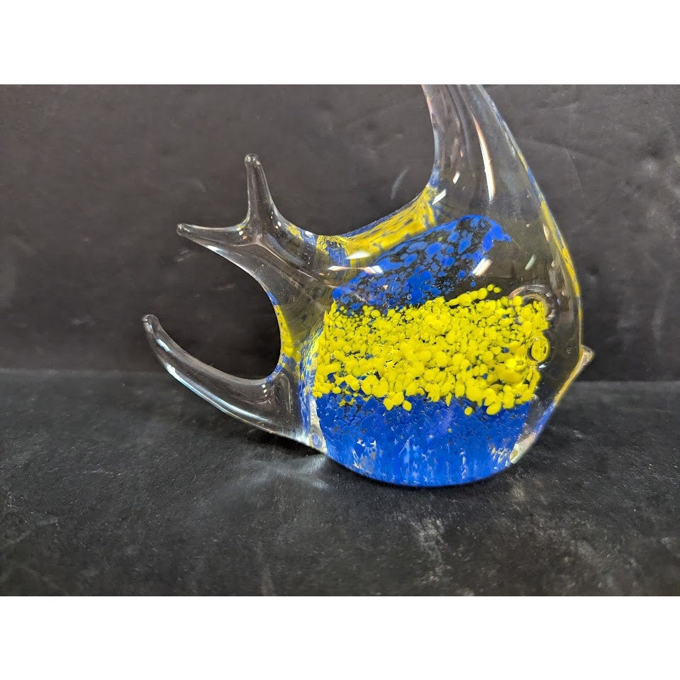 Vintage Murano Style Art Glass Yellow Blue Fish Figurine Paperweight
