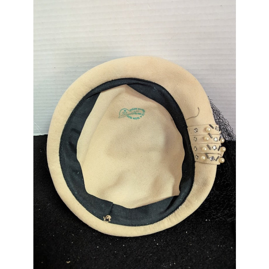 Vintage Hornberger Berkshire Wool Hat Cream Rhinestone Netting 1950s