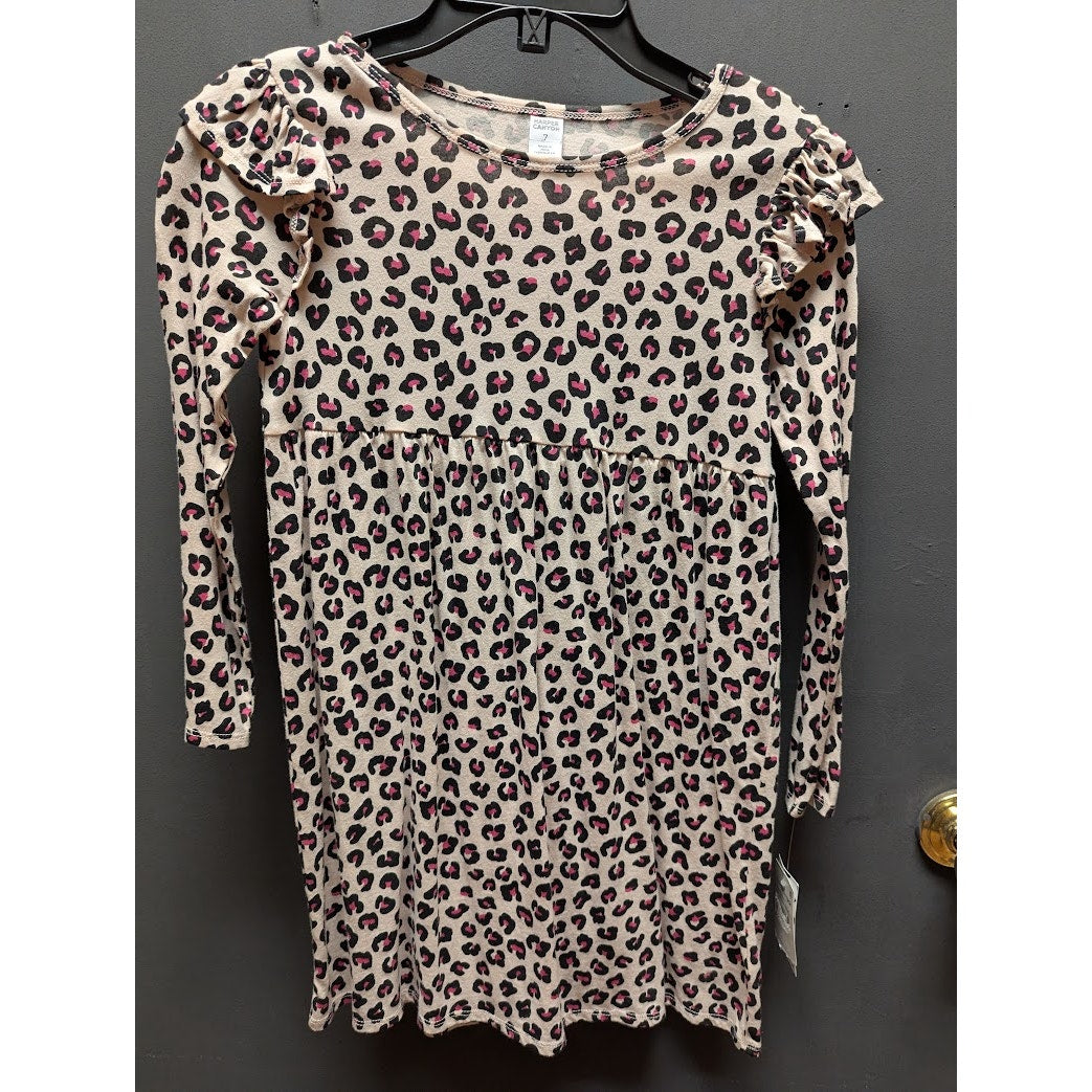 Harper Canyon Dress Girl Size 7 Tan Pink Ruffle Long Sleeve Animal Leopard Print