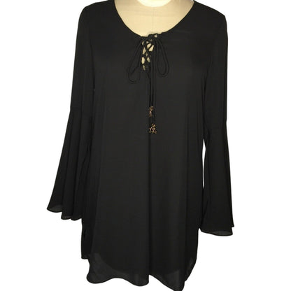 Dani Collection Medium long sleeved black blouse Tie embellishments Gauzy Light