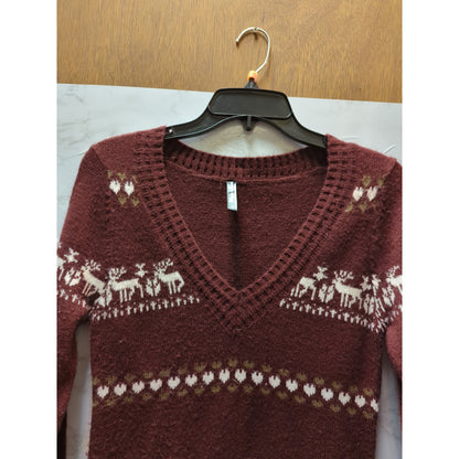 White Mark Reindeer Fair Isle Knit Sweater Dress Burgundy Size Large