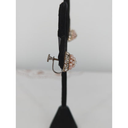 Vintage Faux Pearl Rhinestone Cluster Screw-Back Earrings Retro Elegance