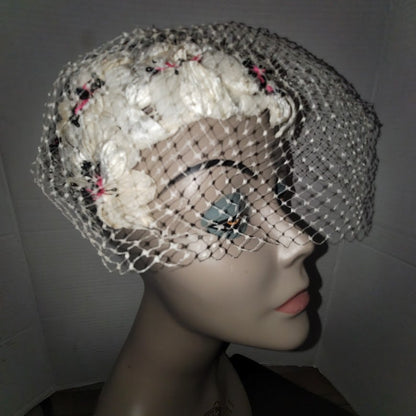 Vintage 1950s Cream Floral Birdcage Veil Pillbox Hat Sequins Rhinestones