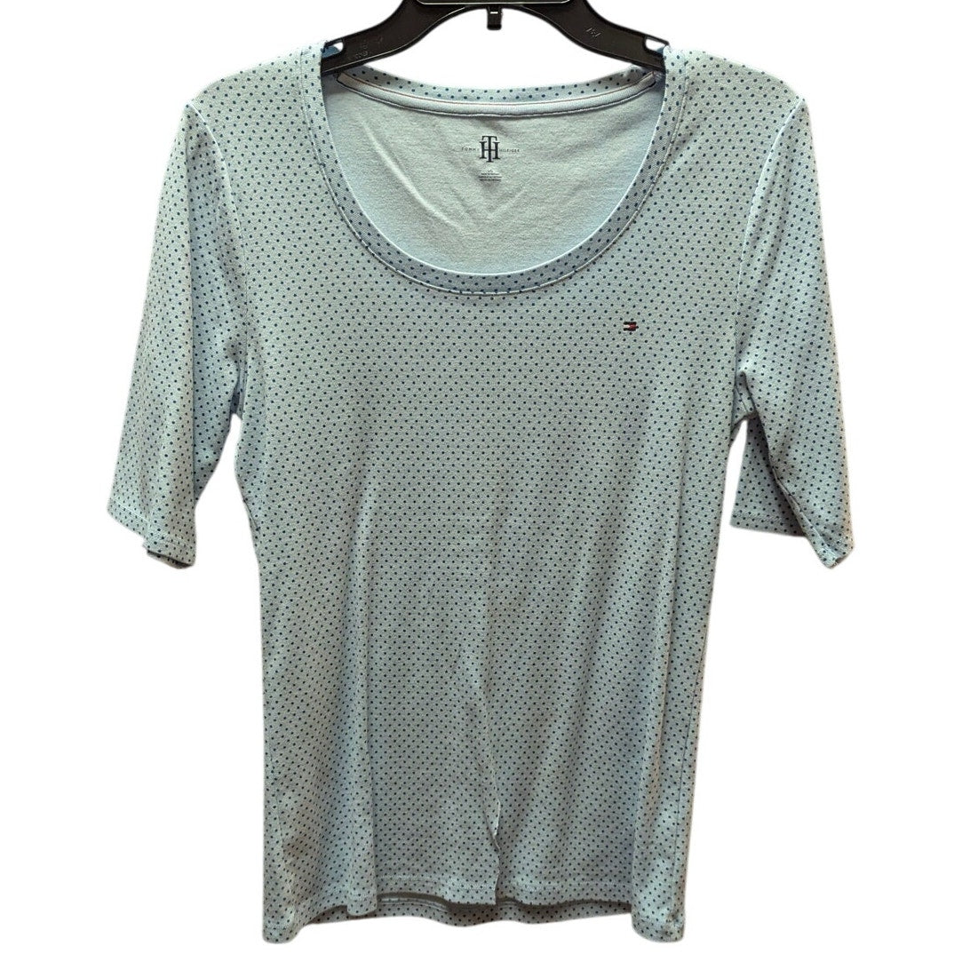 Tommy Hilfiger Light Blue Dotted Scoop Neck Elbow Sleeve Cotton Knit Top Large
