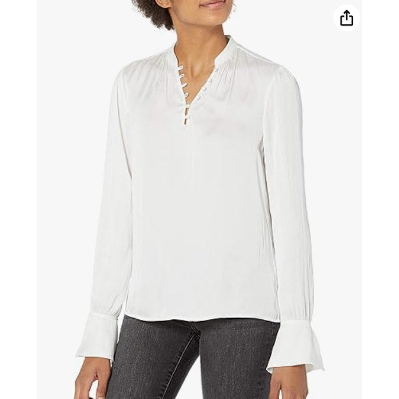 PAIGE Lizzy Long Sleeve V Neck Flared Cuff Blouse NEW WHITE button medium
