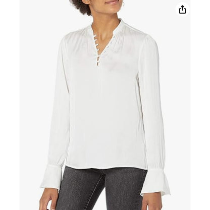 PAIGE Lizzy Long Sleeve V Neck Flared Cuff Blouse NEW WHITE button medium