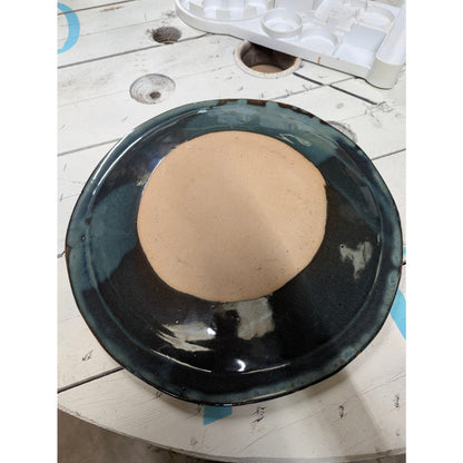 Handmade Studio Pottery Platter 15" Round Etched Rim Earthy Glaze Stoneware