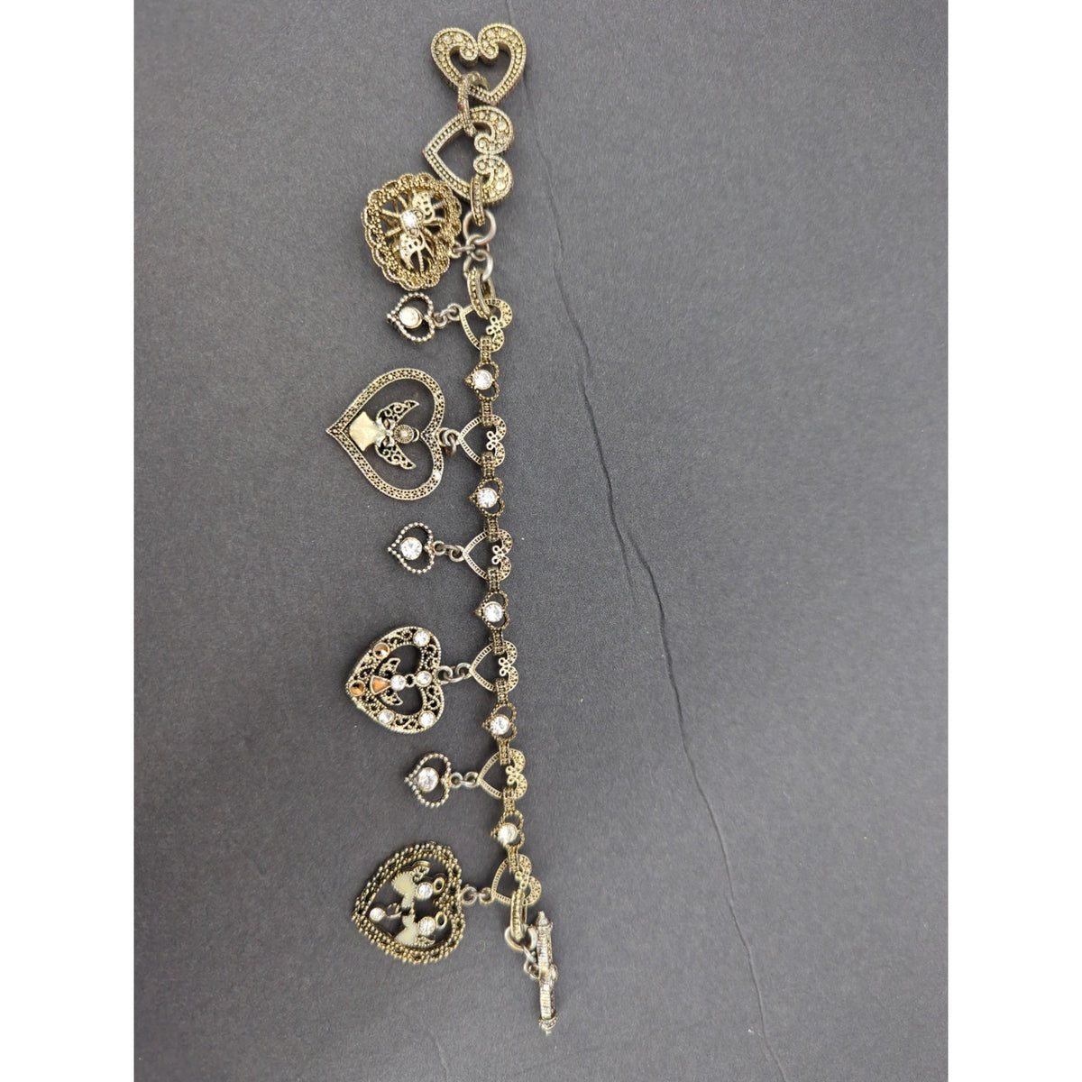 7" Vintage Gold-Tone Filigree Heart & Angels Charm Bracelet Coquette Victorian