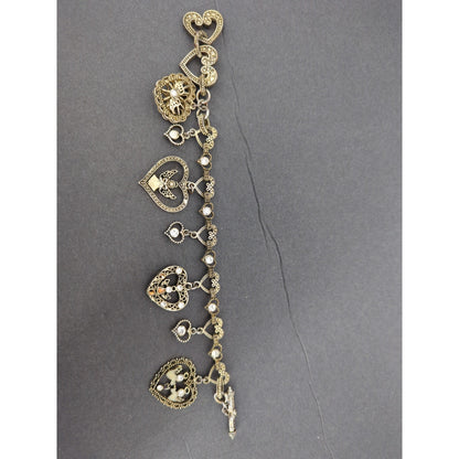 7" Vintage Gold-Tone Filigree Heart & Angels Charm Bracelet Coquette Victorian