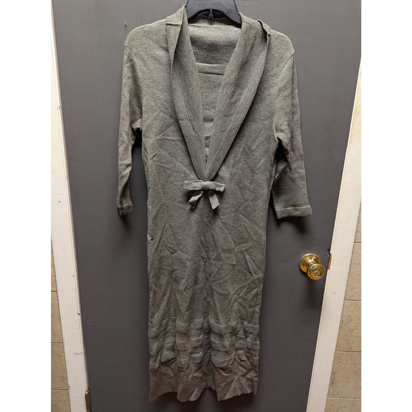 Vintage Barbara Carol Wool Knit Maxi Dress Grey Sailor Collar Bow Accent Medium