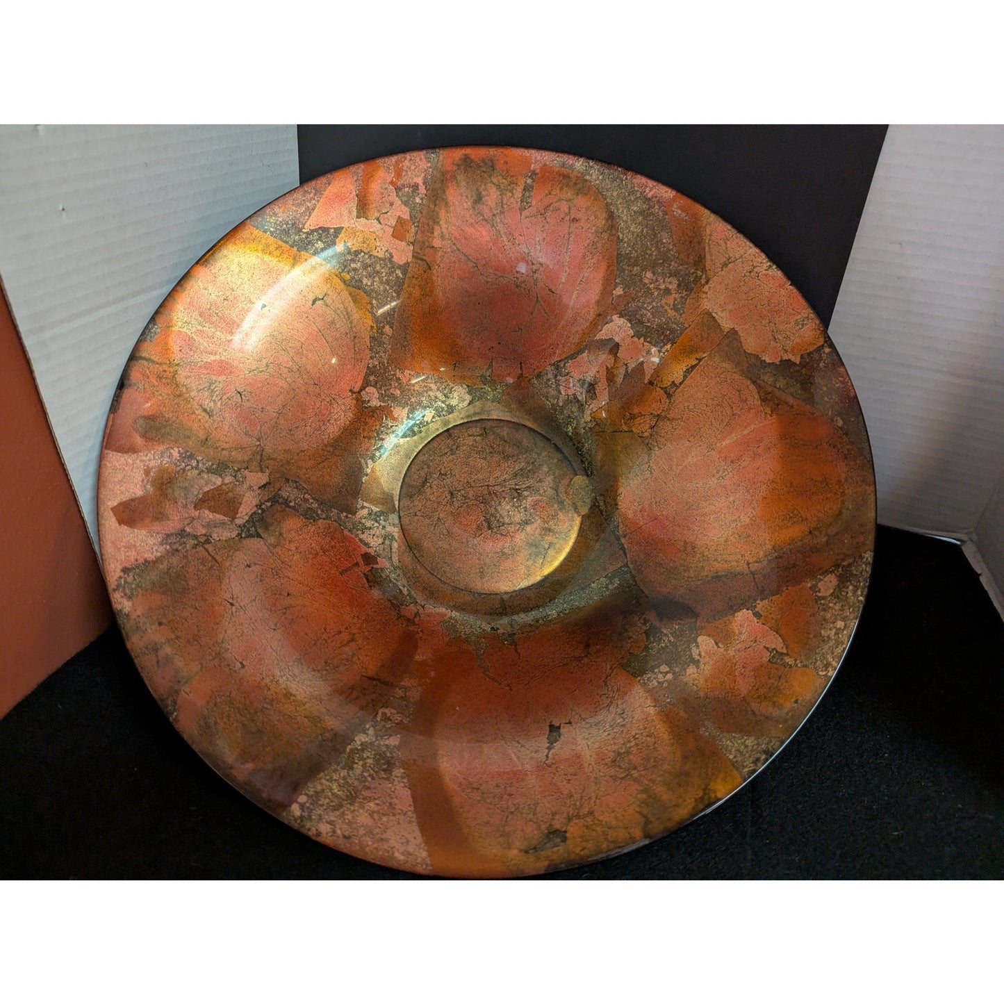 Large 16" Copper Bowl Foil Leaf Decorative Centerpiece Artisan Glass Consol