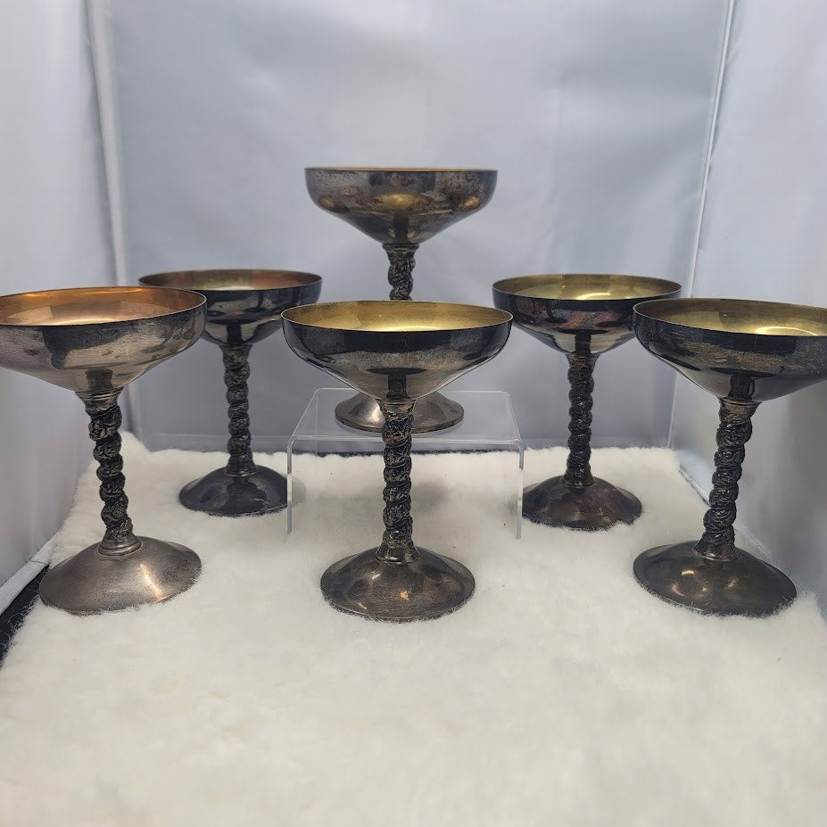 Set 6 Vintage Plator Spain Silvertone Brass Spiral Stem Baroque dark academia