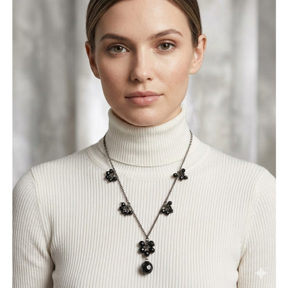 Express Signed Black Stone Dangle Cut Beaded Chain Gunmetal Silver Color