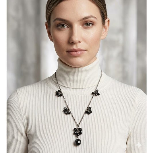 Express Signed Black Stone Dangle Cut Beaded Chain Gunmetal Silver Color