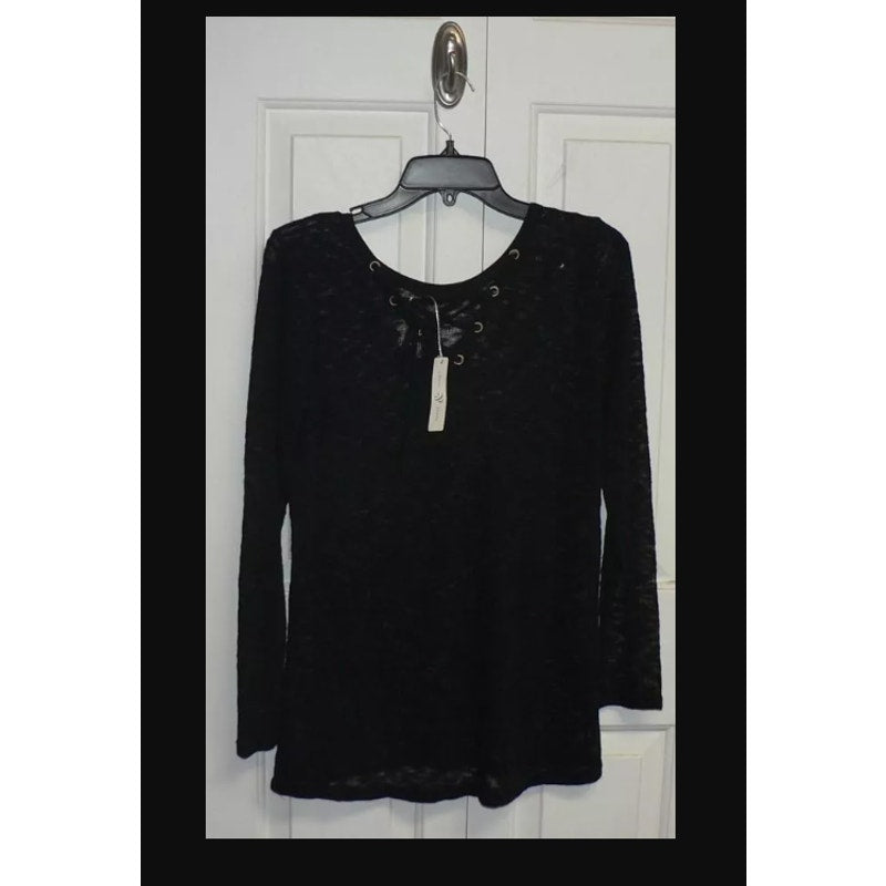 Thyme & Honey Sheer Long Sleeve Lace Up high low Back Black LARGE New Shirt New