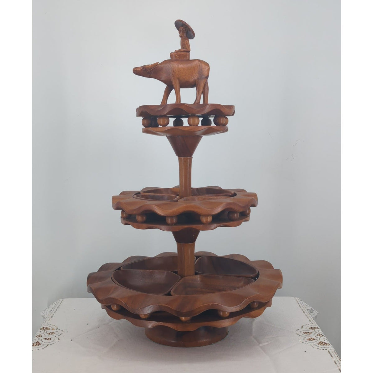 Vintage MCM Hand-Carved Wooden 3-Tiered Serving Stand with Water Buffalo Topper