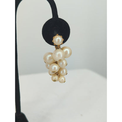 Vintage Faux Pearl Cluster Dangle Clip On Earrings Gold Tone Mid Century Glamour