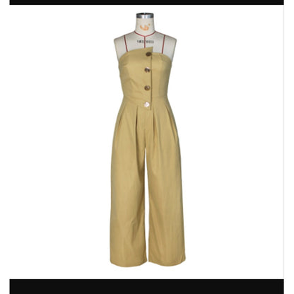 ASTRID Camel Strapless Asymmetrical Button Wide-Leg Jumpsuit XL