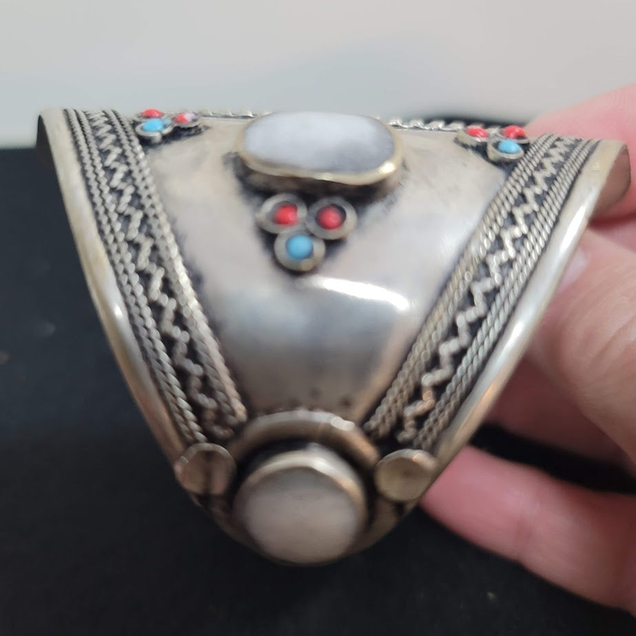 Cuff bracelet Kuchi Tribal Stone Alpaca Silver Turkmen Afghan Ethnic Boho