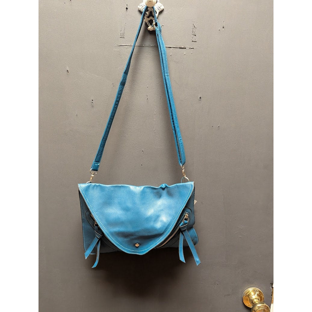 Vegan Faux Pebbled Leather BLUE TEAL bag Clutch shoulder Purse Front zip pockets
