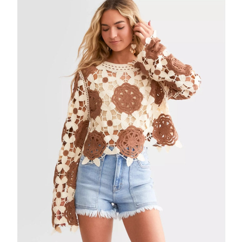 Knit Crocheted Sweater Modern Boho Size Medium NEW Two Tone Layering Bell Sleeve
