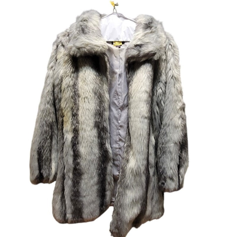 Roamans Faux Fur Coat Medium 14 16 Grey Striped Glam Winter Jacket Luxury