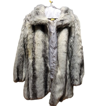 Roamans Faux Fur Coat Medium 14 16 Grey Striped Glam Winter Jacket Luxury